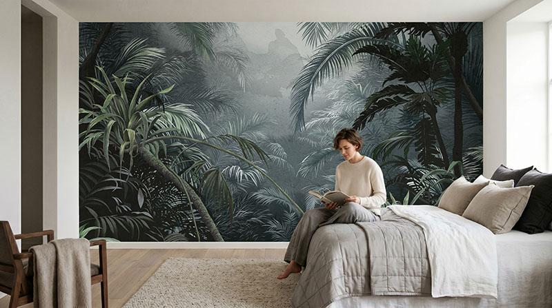 Fototapeta z naturą Mglista dżungla na ścianie za łóżkiem - ciemne palmy i liście w sypialni w stylu boho