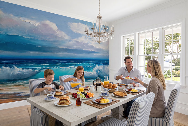 Fototapeta w stylu Hamptons z malarskim morzem w jadalni z białym stołem i kryształowym żyrandolem