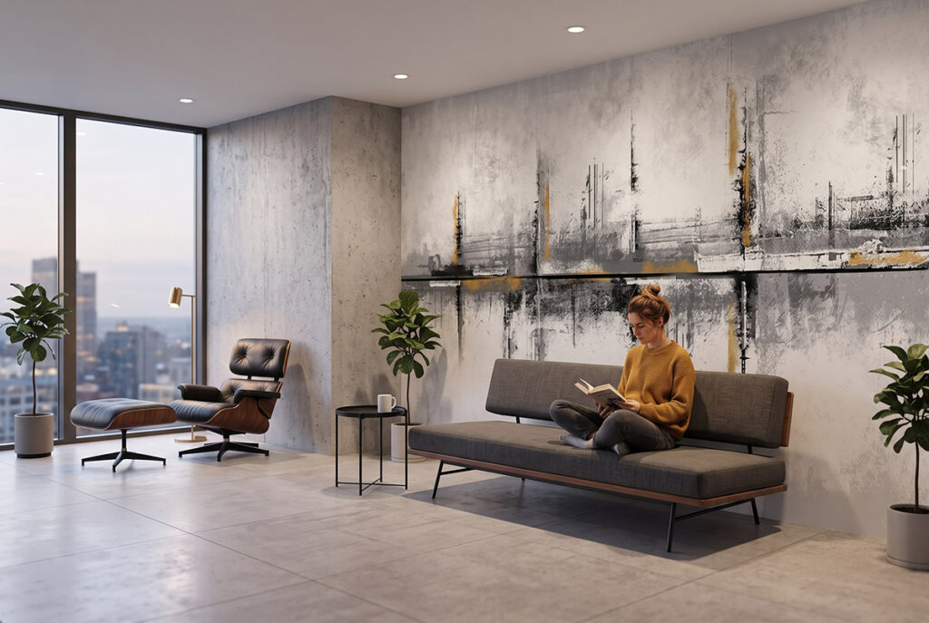 Fototapeta abstrakcja beton w salonie loft, czarne i złote pociągnięcia pędzla nad sofą