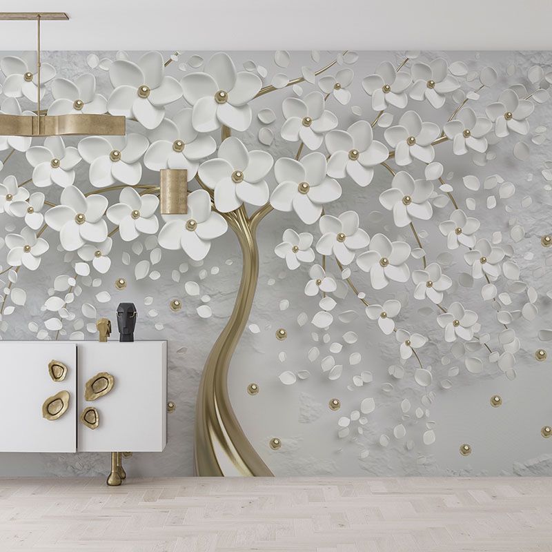 Fototapeta Drzewo 3D z białymi kwiatami i kulami w kolorze złota