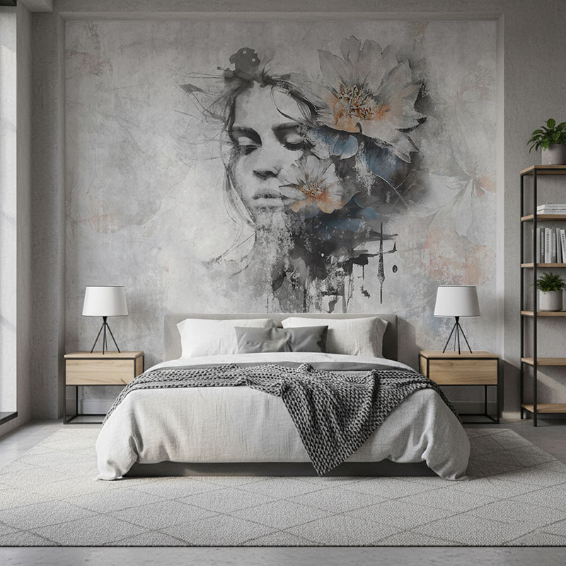 Fototapeta Twarz kobiety z kwiatami na betonowej ścianie