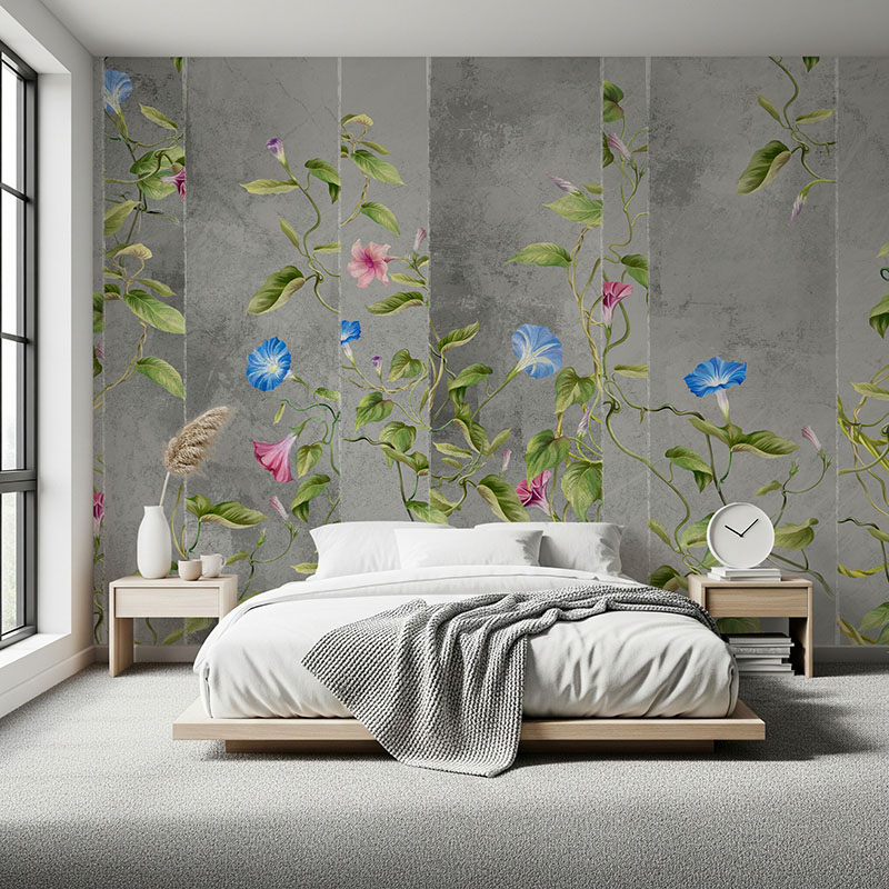 Fototapeta Ściana liści z kwiatami