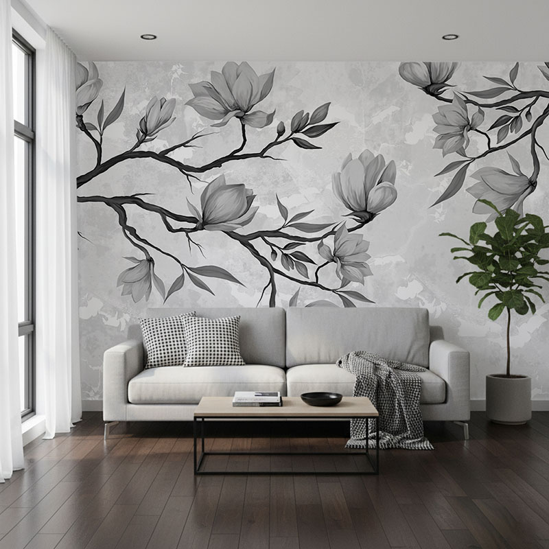 Fototapeta Szare gałązki z kwitnącymi kwiatami magnolii