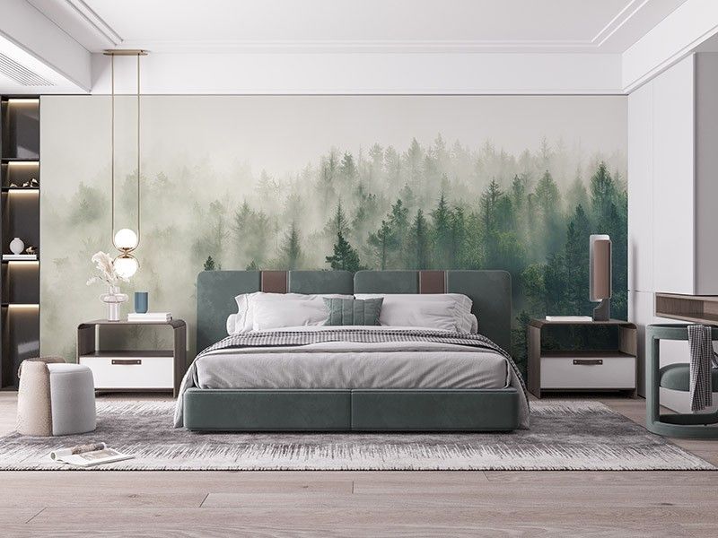 Fototapeta Panoramiczny widok na las z poranną mgłą