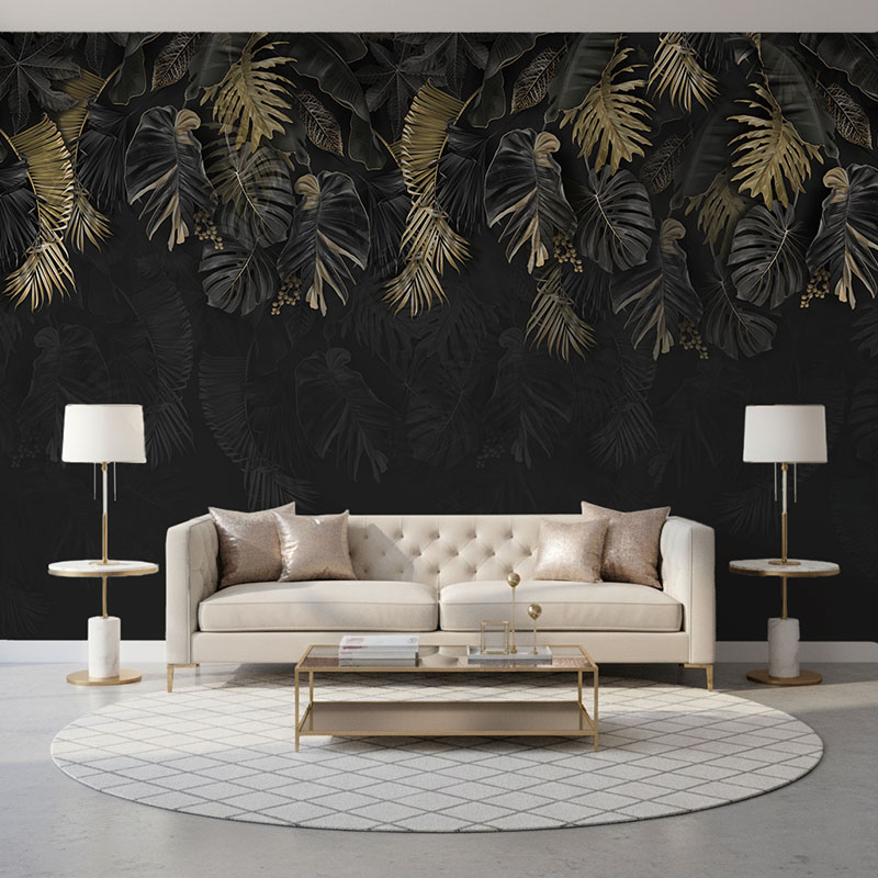 Fototapeta Ciemna tapeta z liśćmi palmy w kolorze złota