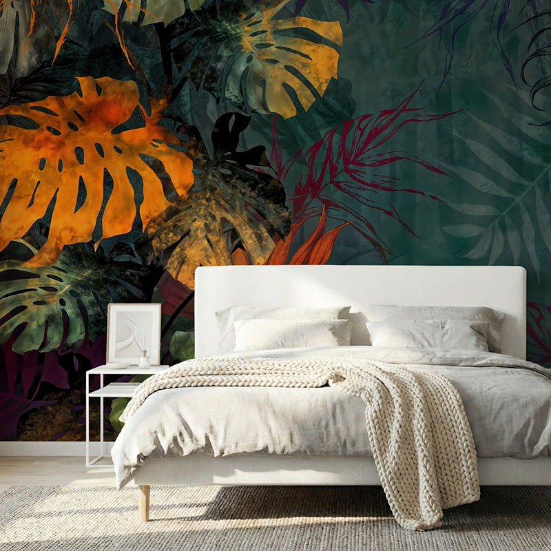 Fototapeta Kolorowe tropikalne liście na ciemnym tle