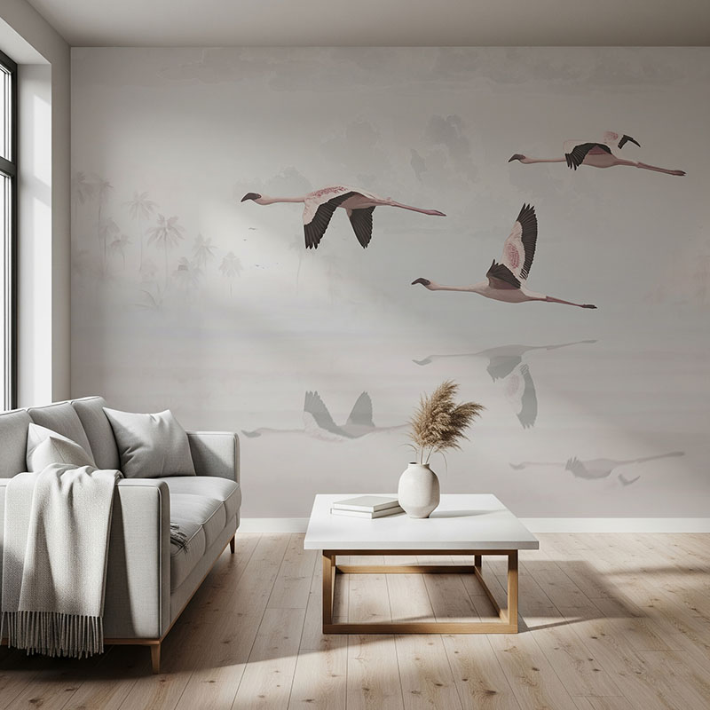 Fototapeta Flamingi lecące nad jeziorem