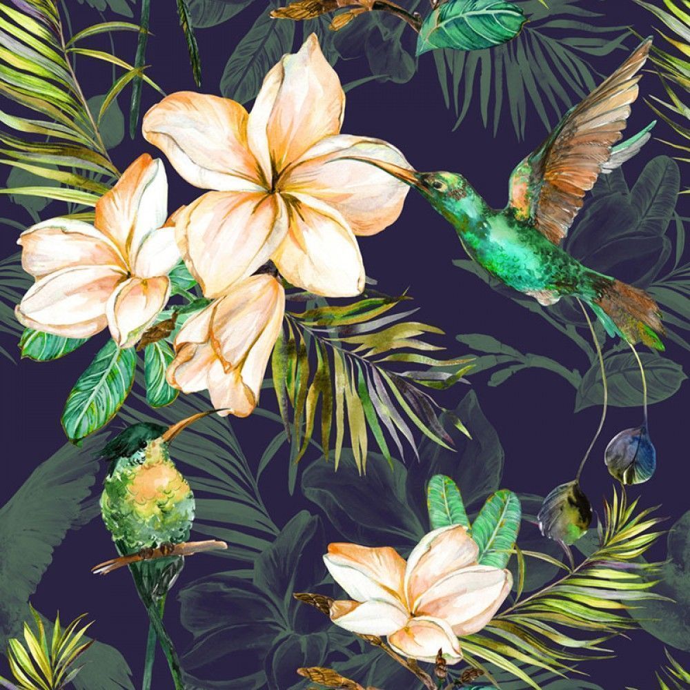  tropikalne liście i kolorowe kwiaty na ciemnym tle, wzór