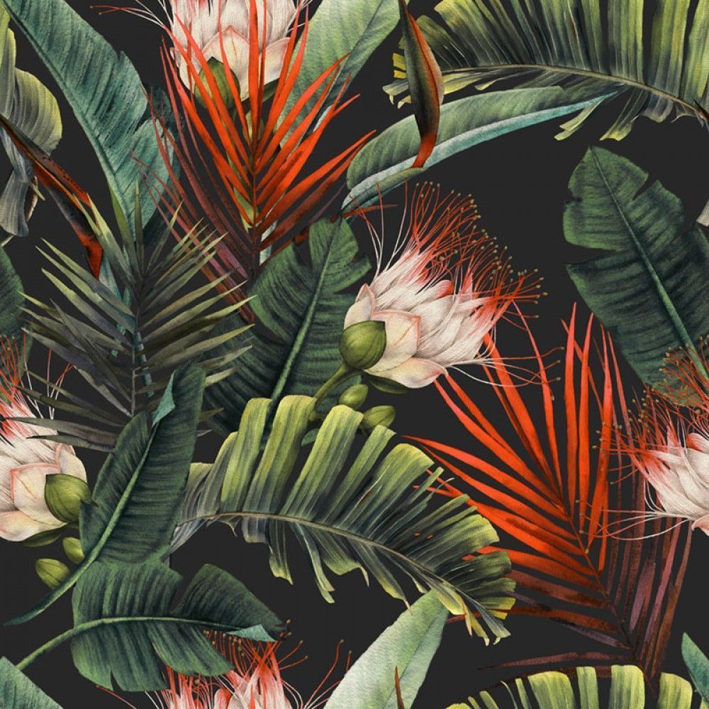 Fototapeta Wzór tropikalnych kwiatów i liści na ciemnym tle