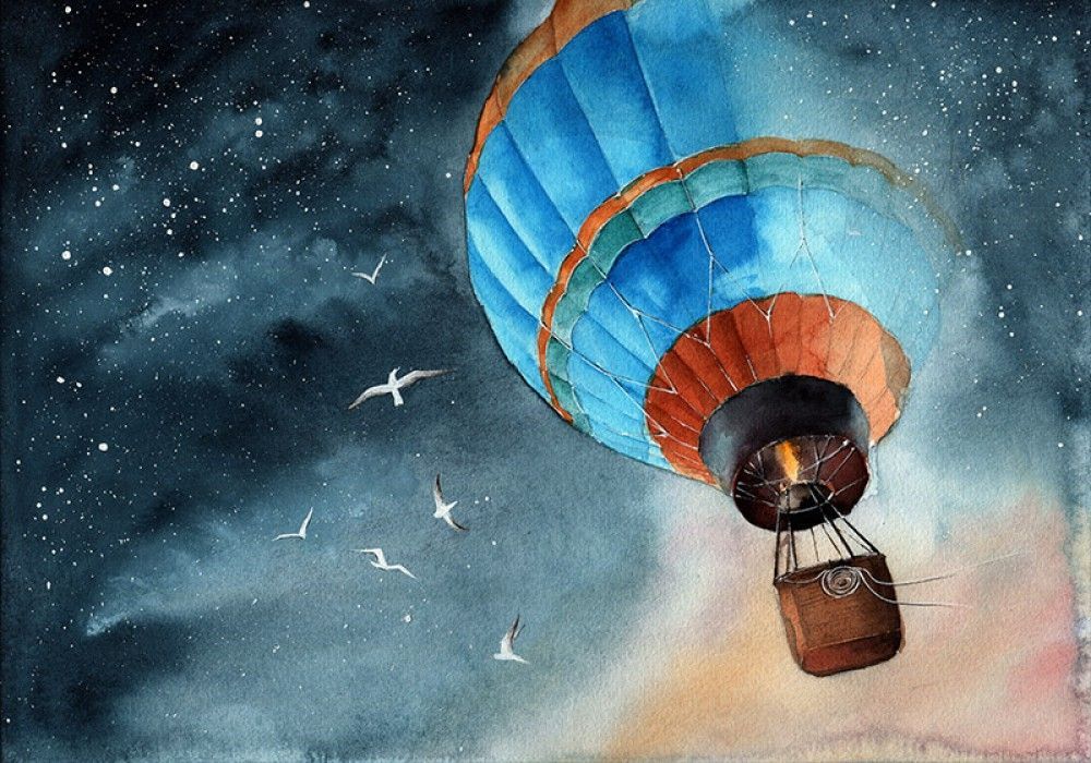 Fototapeta Niebieski balon na tle nieba z gwiazdami i ptakami, akwarela