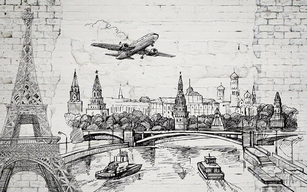  Stara ceglana ściana, zarysy zabytków świata, samolot na niebie i łodzie na rzece