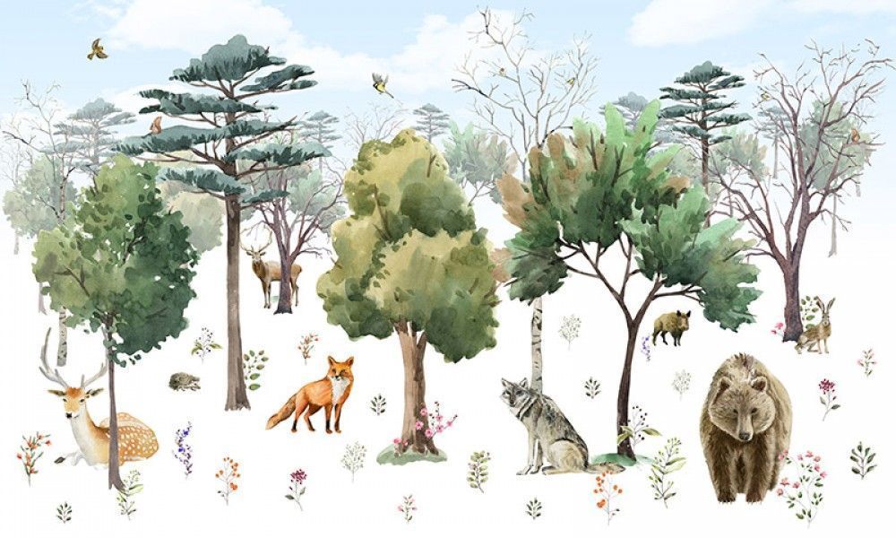 Fototapeta Leśne zwierzęta wśród drzew - akwarela