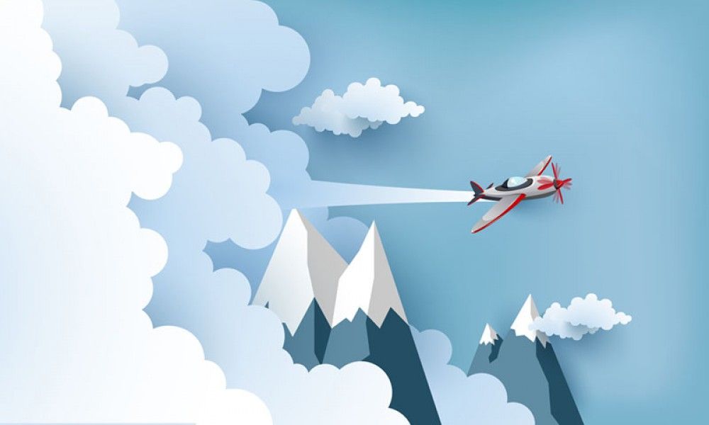  Ilustracja 3D samolot, chmury i góry