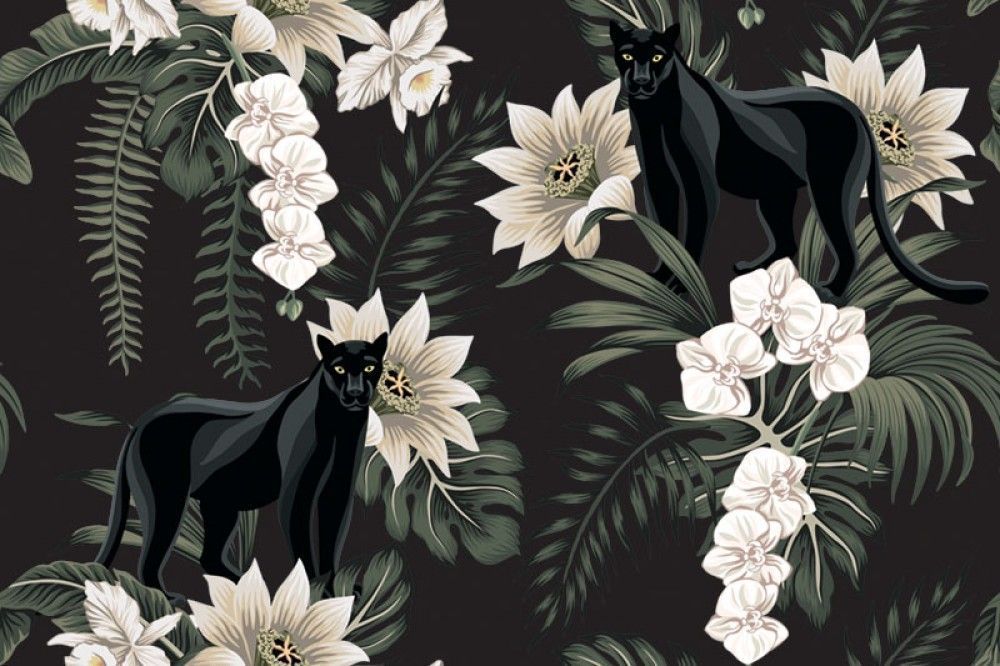 Fototapeta Egzotyczne Kwiaty i Pantera - wzór z efektem 3D