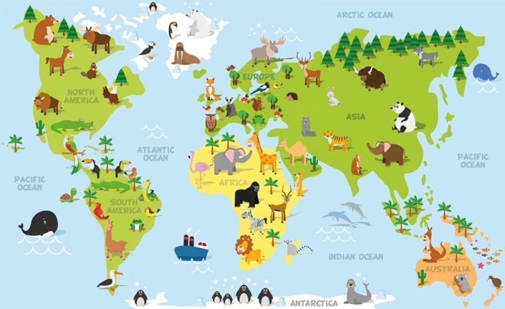  Kolorowa mapa świata ze zwierzętami