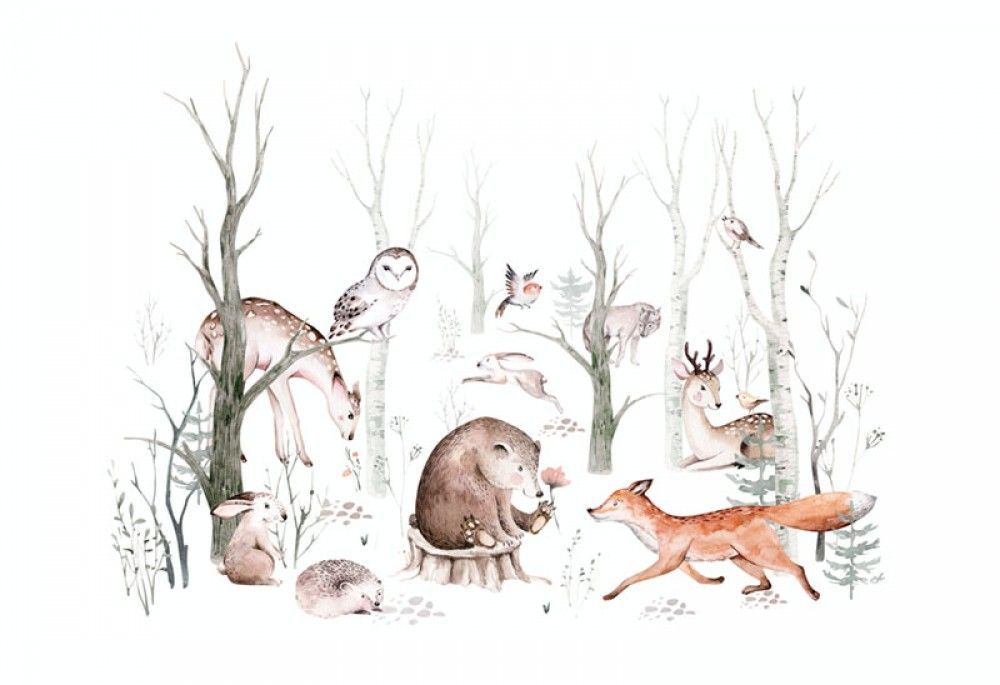  Akwarela leśne zwierzęta - sarna, niedźwiedź, lis, zając, jeż, sowa na leśnej polanie