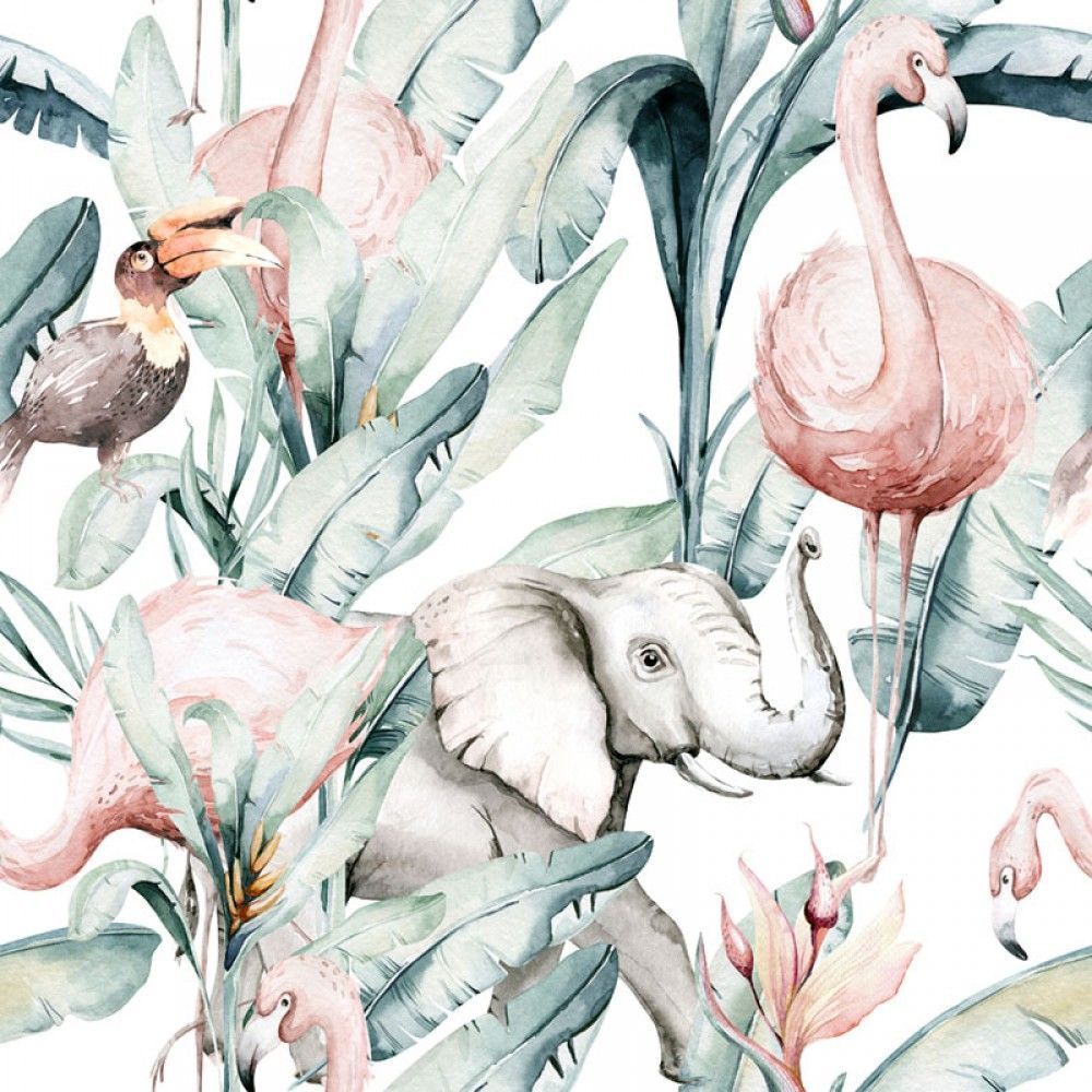 Fototapeta Tropikalny wzór z flamingiem i słoniem. Akwarela 