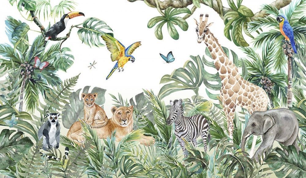  Dżungla i zwierzęta - Lwy, żyrafa, słoń, papugi, zebra, lemur - akwarela