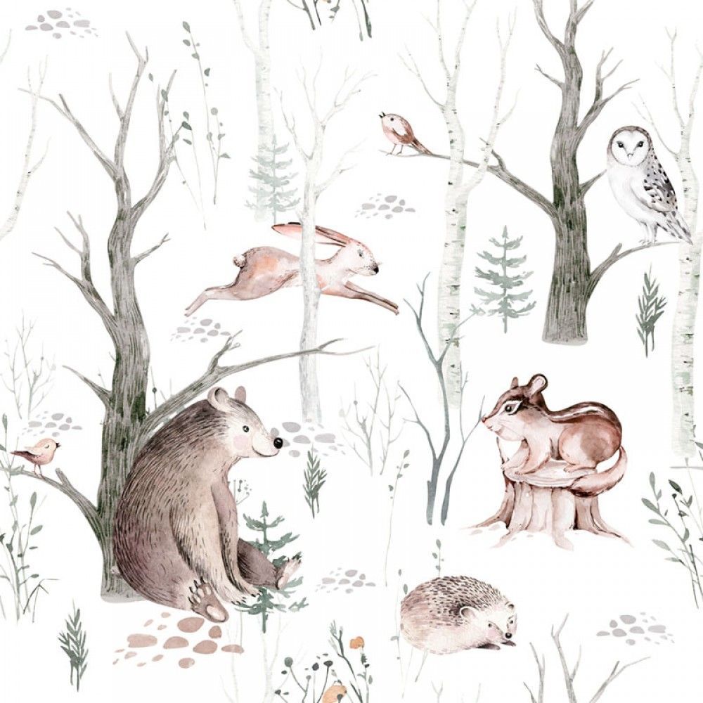  Akwarela leśne zwierzęta - niedźwiedź, zając, jeż, sowa - skandynawski wzór