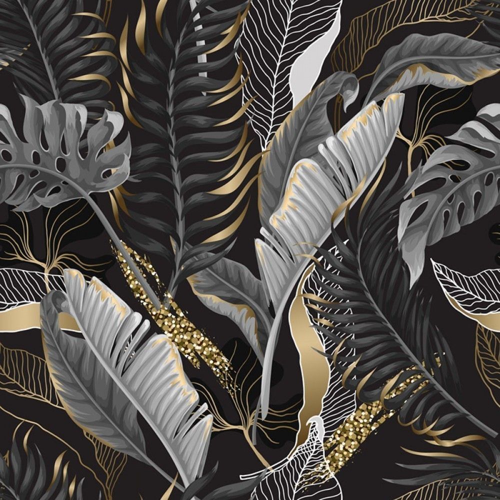 Fototapeta Czarno białe liście tropikalne z elementami w kolorze złota - wzór