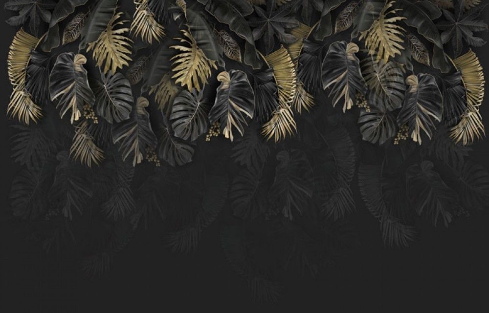 Fototapeta Ciemna tapeta z liśćmi palmy w kolorze złota