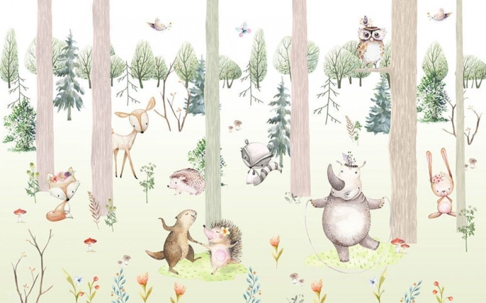 Fototapeta Malowany las z uroczymi zwierzętami