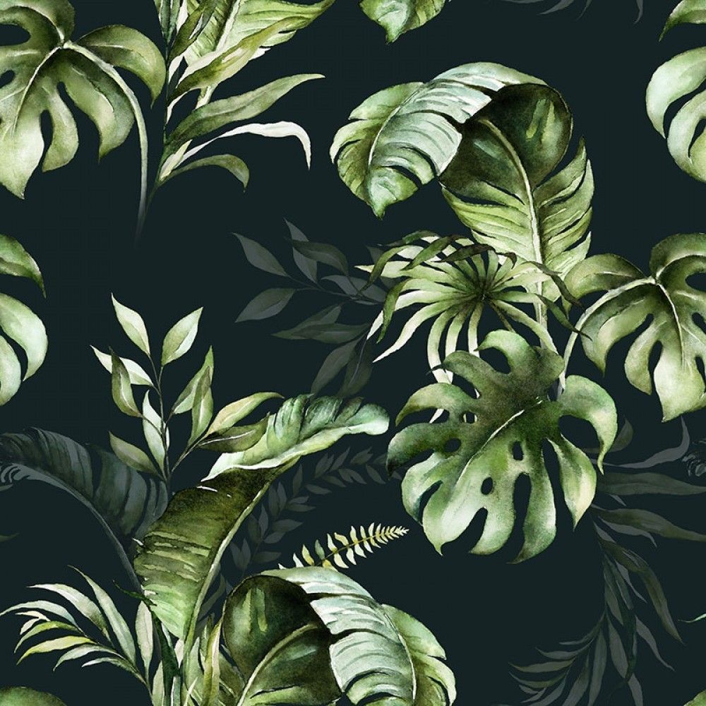 Fototapeta Zielone liście tropikalne na ciemnym tle, wzór