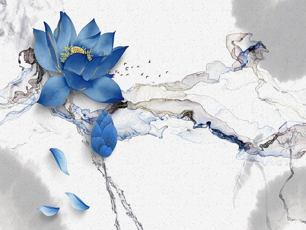 Fototapeta Niebieskie kwiaty na białym tle z szarymi plamami