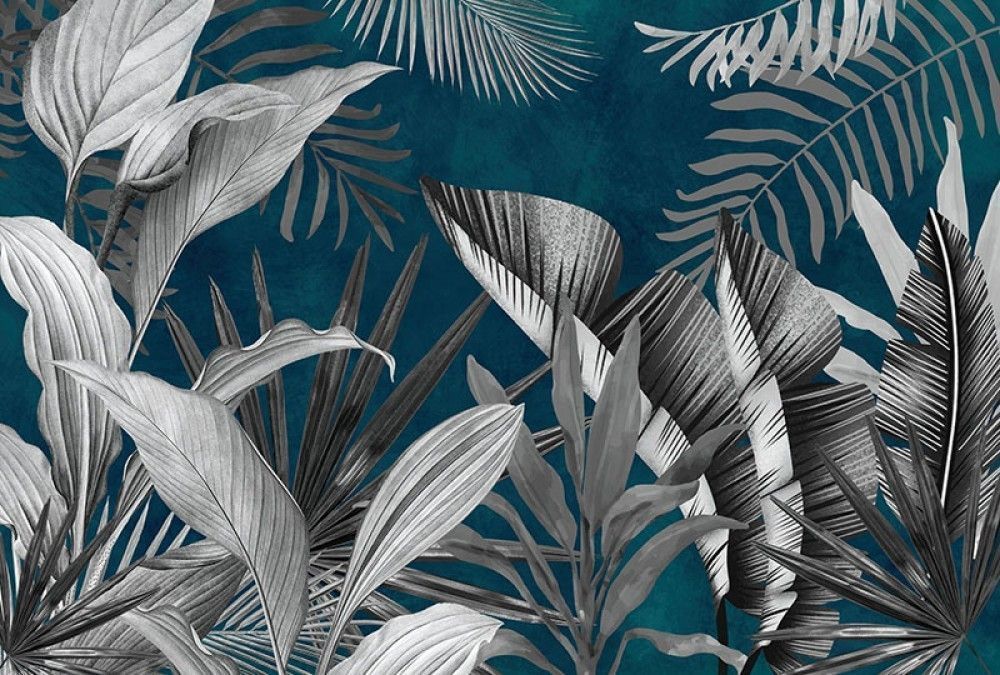  Tropikalne liście na niebieskim tle 