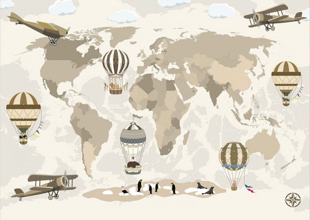 Fototapeta Mapa świata ze zwierzętami i balonami