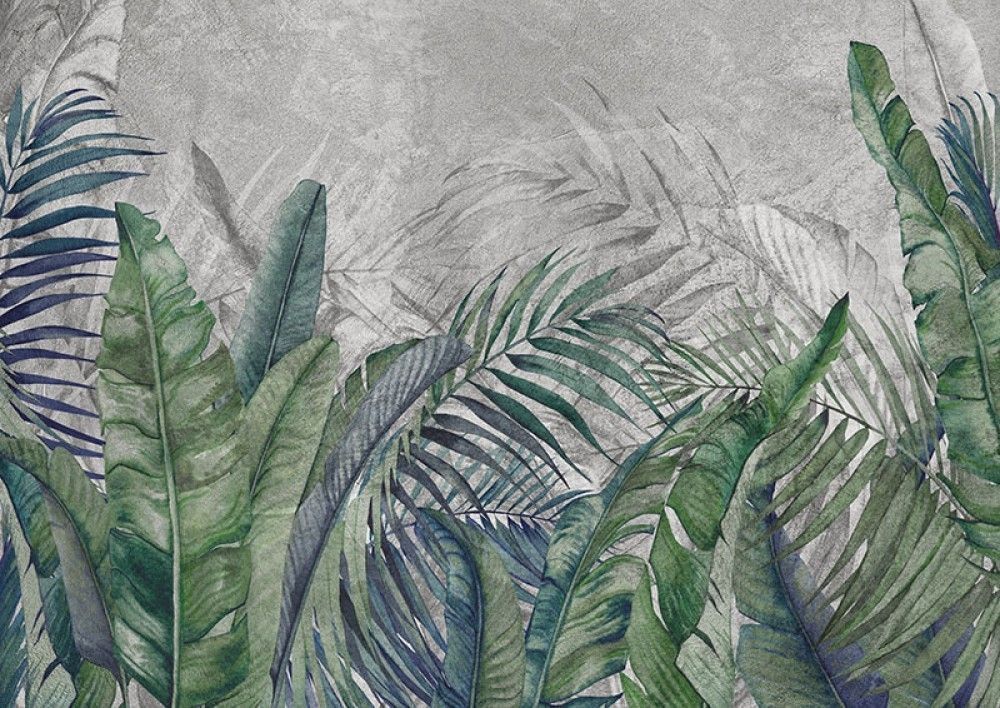 Fototapeta Tropikalne liście palmowe i bananowe na betonowej ścianie