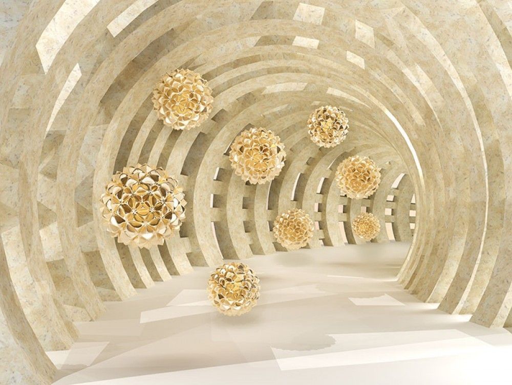 Fototapeta Tunel z latającymi kulami 3D w kolorze złota