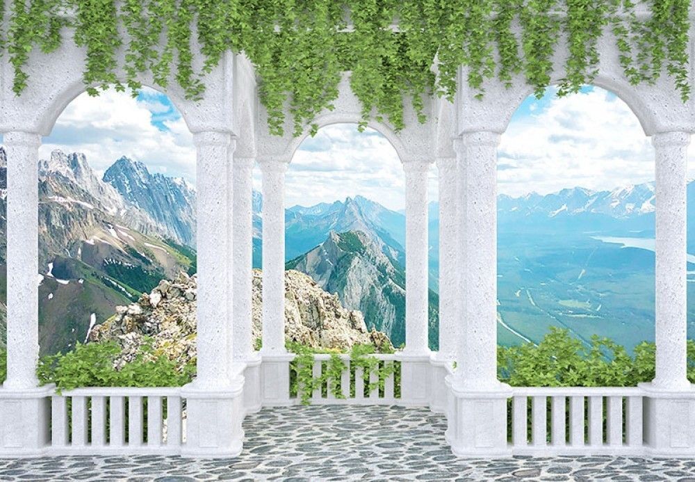 Fototapeta Kolumnada z balustradą oplecioną bluszczem z widokiem na góry 3d 