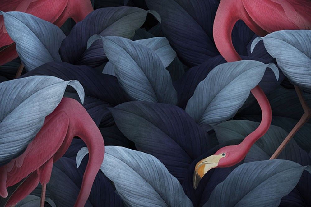  Flamingi i granatowe liście