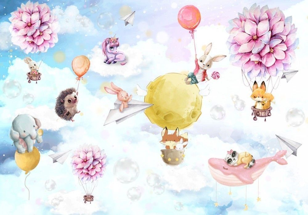  Bajkowa ilustracja zwierzątek latających balonem