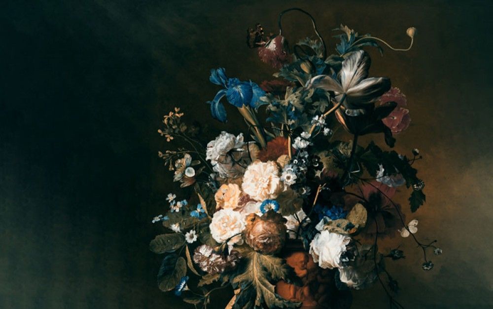  Bukiet kwiatów na ciemnym tle, malarstwo