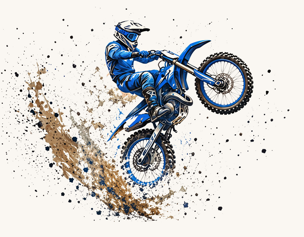 Fototapeta Niebieski motocykl crossowy w skoku nad błotem