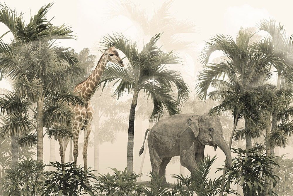  żyrafa i słoń wśród palm