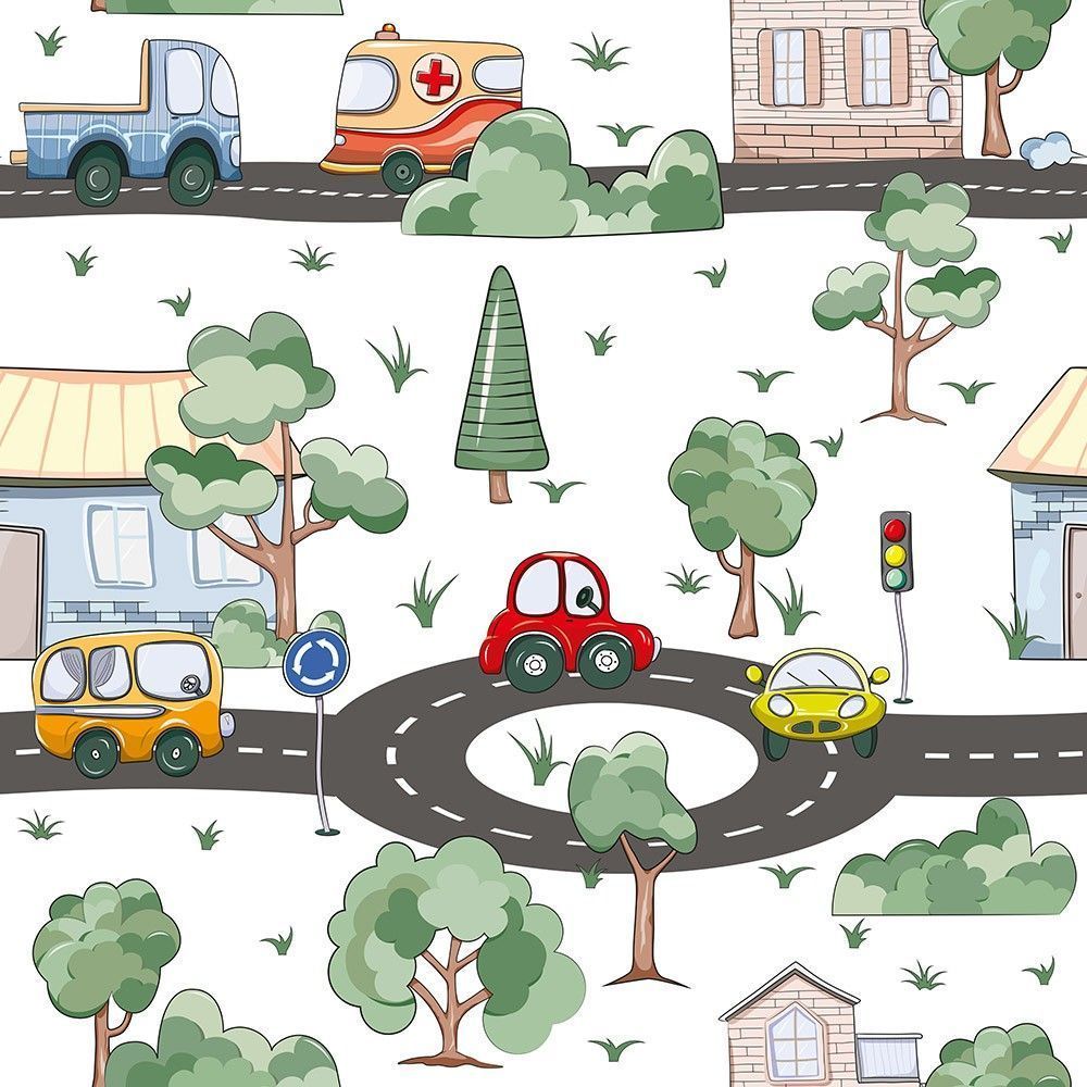  Kreskówka, małe samochody, domy, drzewa, wzór