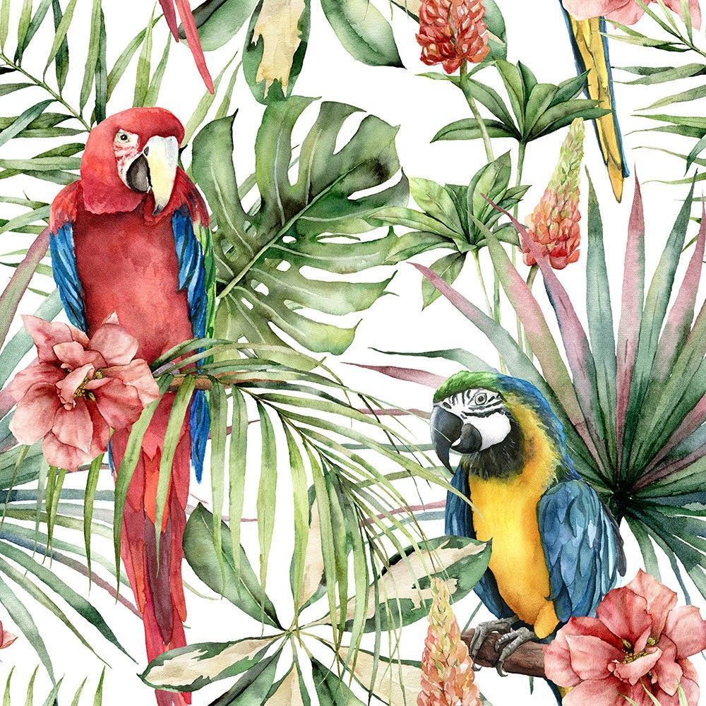 Naklejka na meble Ręcznie malowane liście i papugi