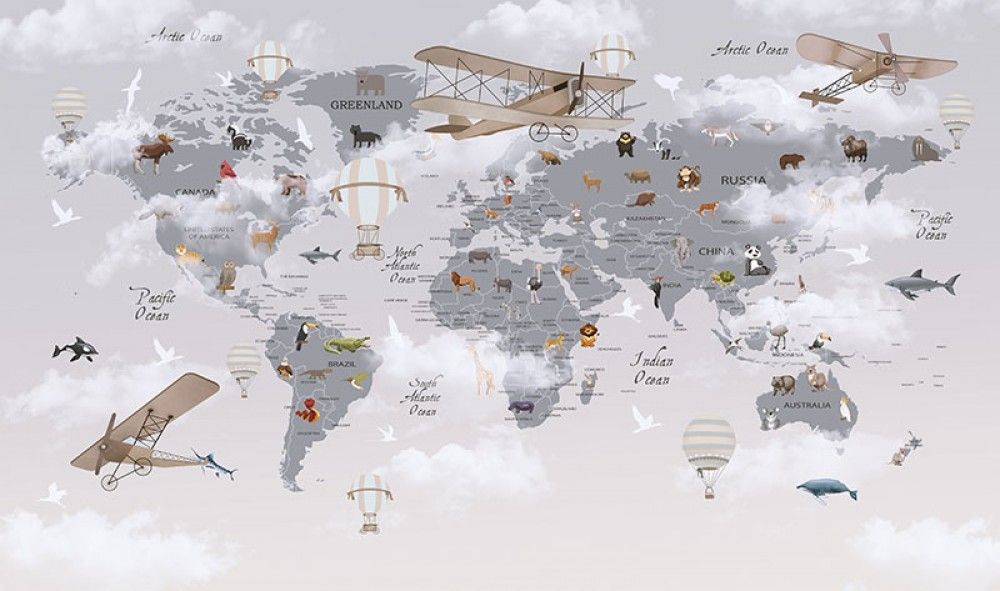 Fototapeta Mapa świata ze zwierzętami i samolotami