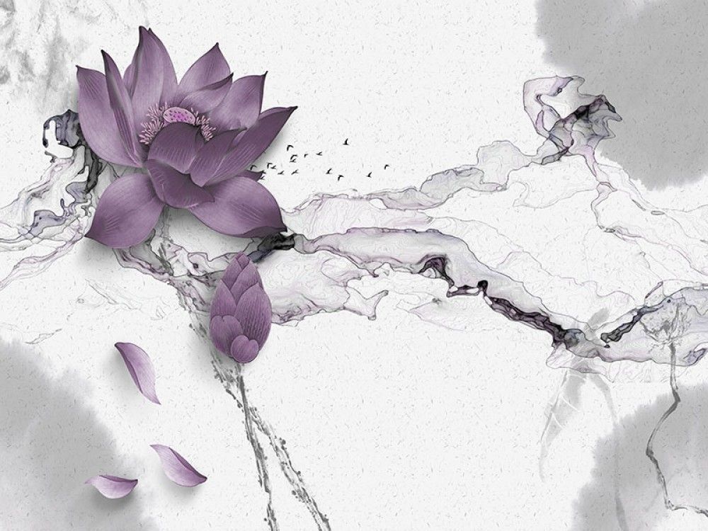 Naklejka na meble Fioletowe kwiaty 3D na abstrakcyjnym tle