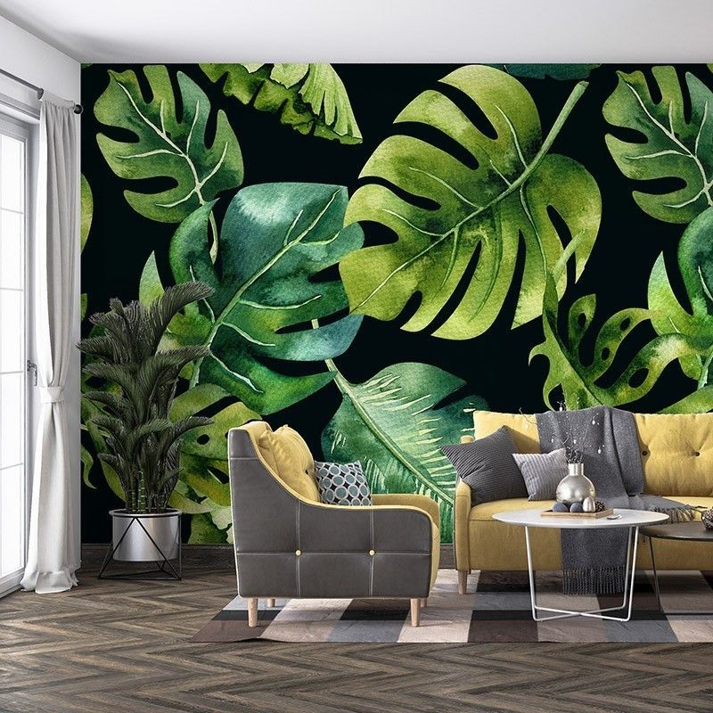 Wzór Liści monstera na czarnym tle, akwarela