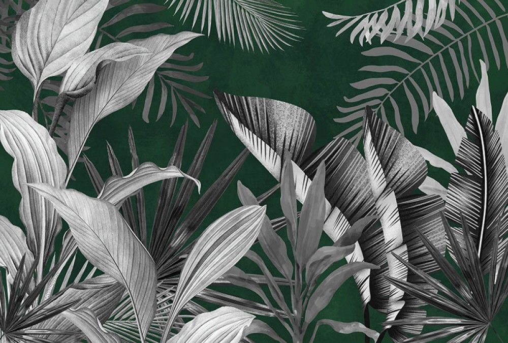  Tropikalne liście na zielonym tle