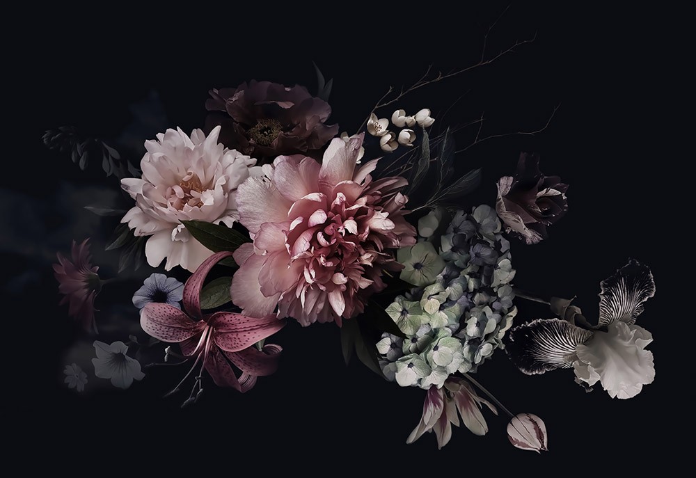 Fototapeta Bukiet Kwiatów 3D Vintage na czarnym tle