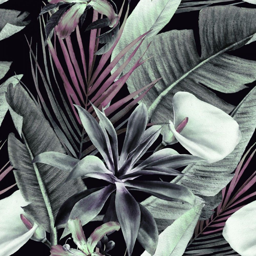 Naklejka na meble Tropikalne Kwiaty i Liście na Ciemnym Tle, wzór