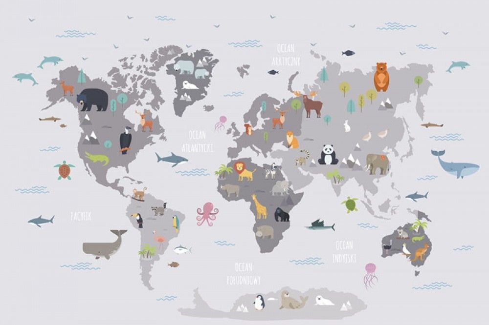 Fototapeta Dziecięca mapa świata ze zwierzętami z polskimi napisami