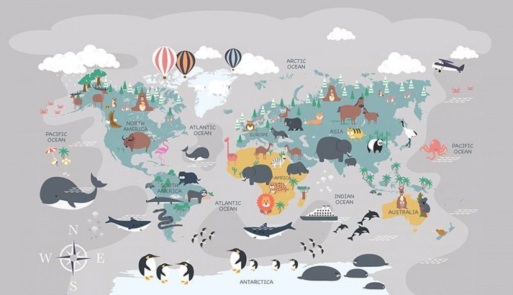  Mapa świata ze zwierzętami z kreskówek dla dzieci