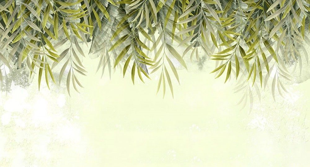 Fototapeta Zielone liście na jasnożółtym tle