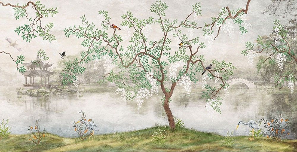 Naklejka na meble Drzewo z ptakami w ogrodzie chińskim 